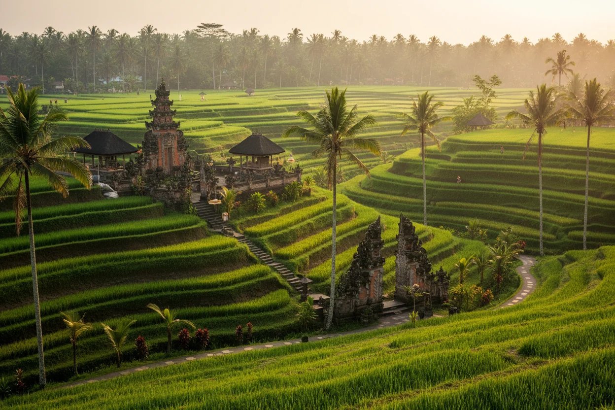 Emerald rice terraces and a Balinese temple gate in Bali, Indonesia