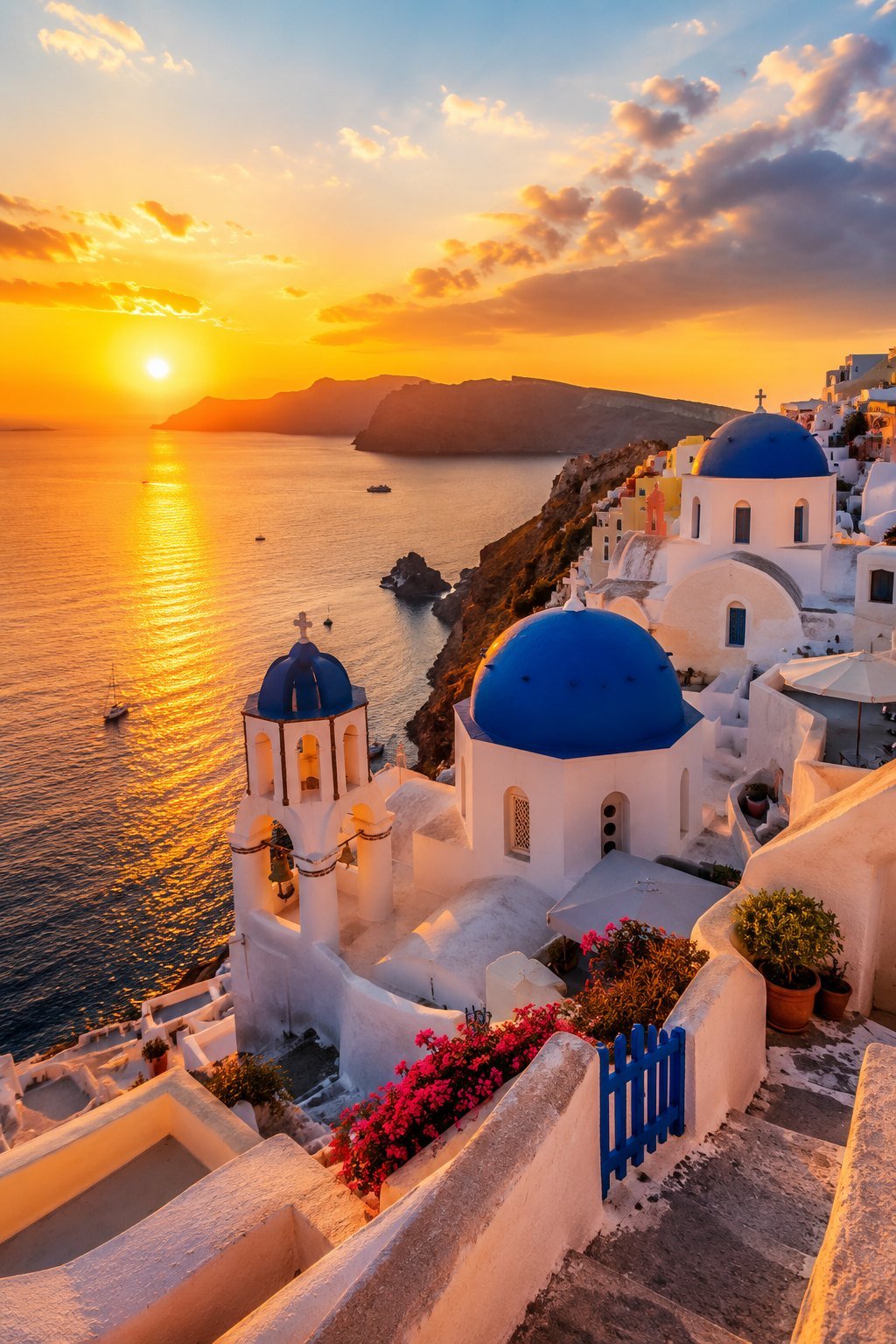 Blue-domed churches and whitewashed houses in Oia, Santorini at sunset