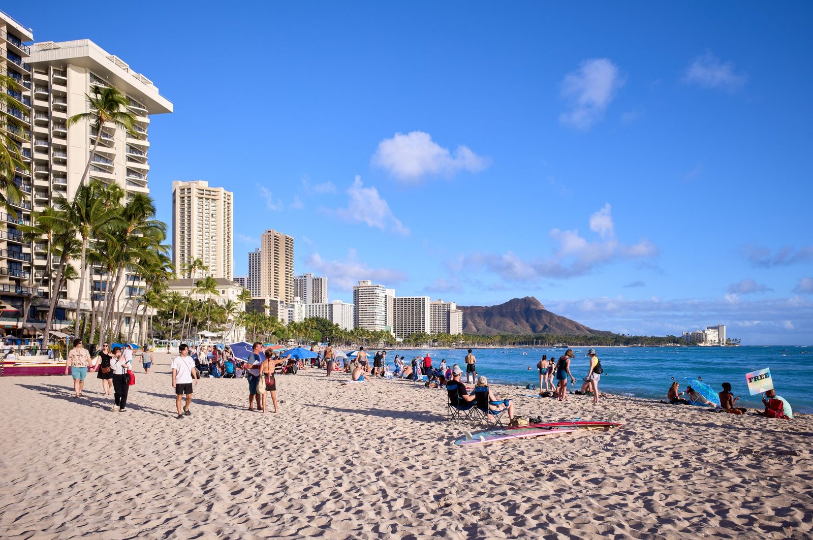 Waikiki Beach in Honolulu, Hawaii with Diamond Head in the distance